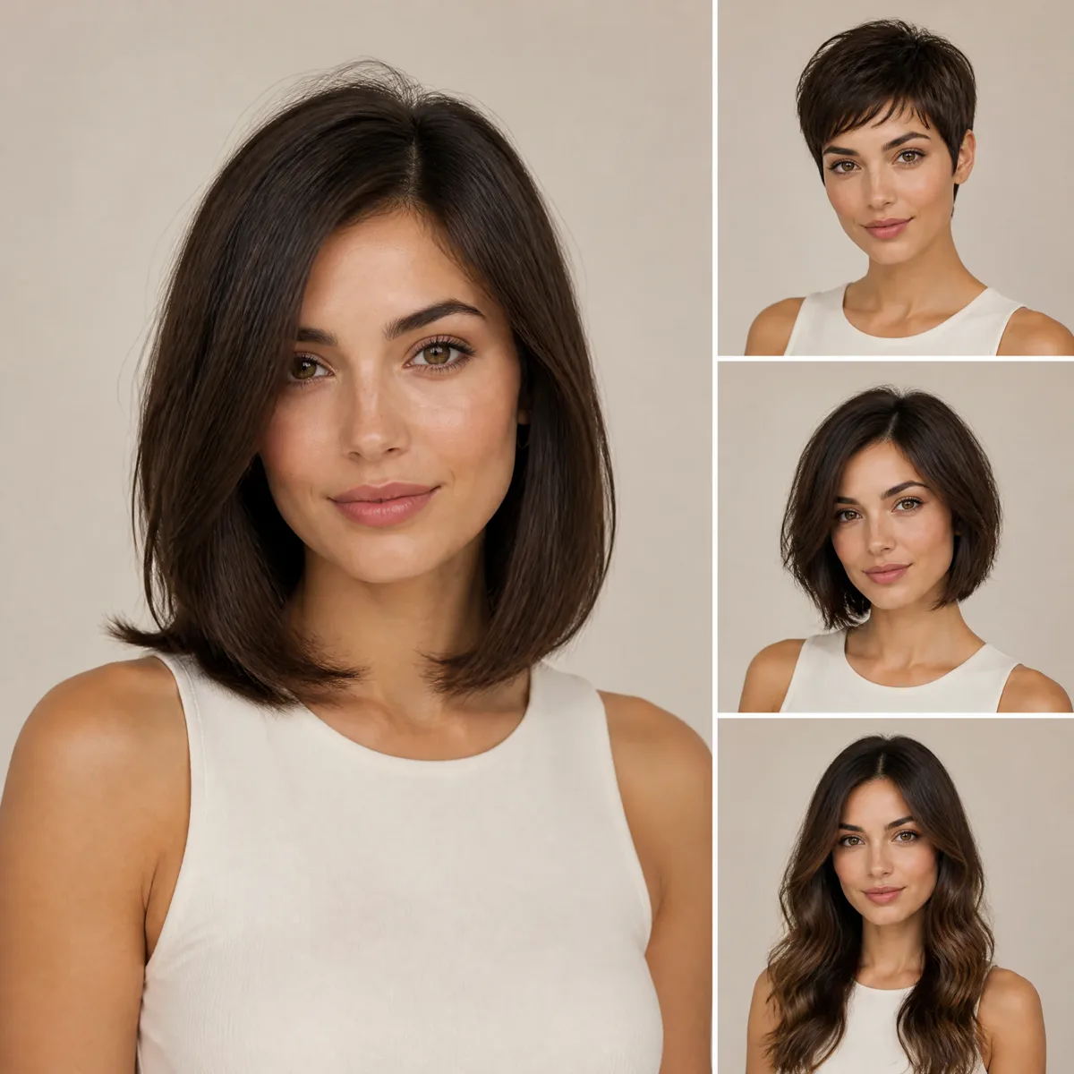 The same woman shown with a long bob, a pixie cut, a shaggy bob and long waves
